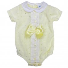 MC744-Lemon: Baby Knitted Romper With Bow & Lace (0-9 Months)